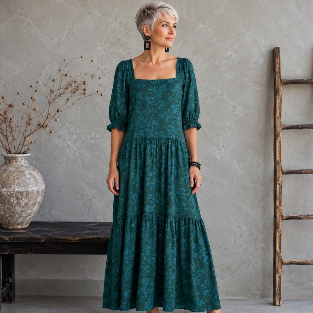 Faherty Green Floral Somerset Prairie Maxi Dress Medium